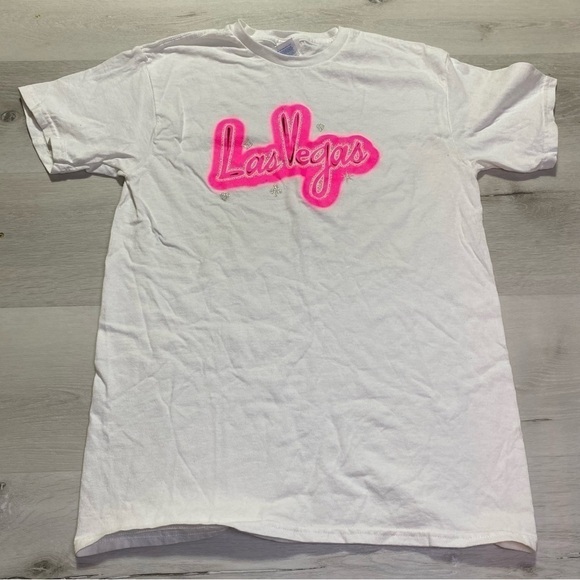 Las Vegas Tops - Las Vegas Neon Glitter Graffiti Style Short Sleeve Graphic T-Shirt, Size Small